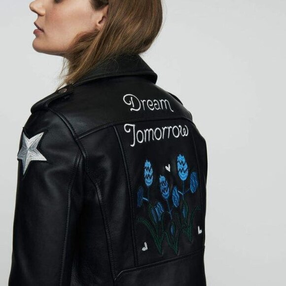 NWT Maje black leather patch embroidered “Dream Tomorrow” moto biker jacket, S - Picture 3 of 15